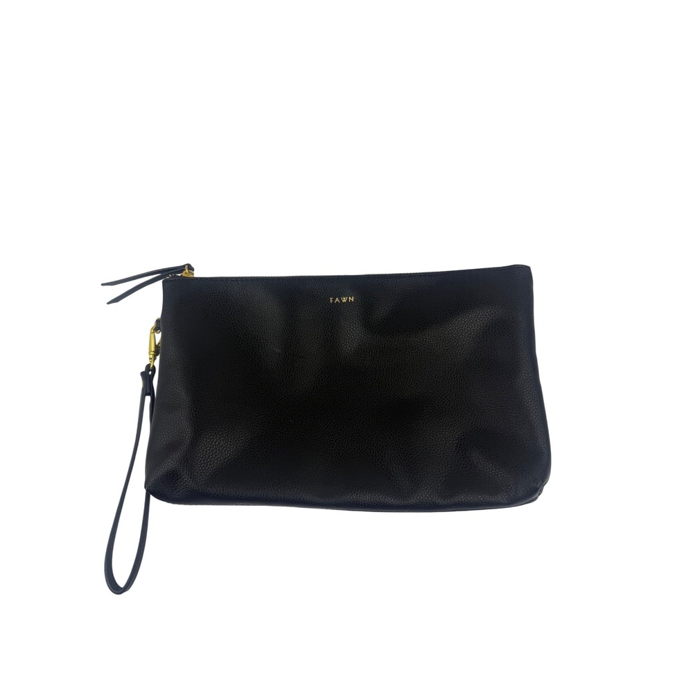 Fawn Design Black Vegan Leather Wristlet Clutch Gold Hardware Pouch Minimalist